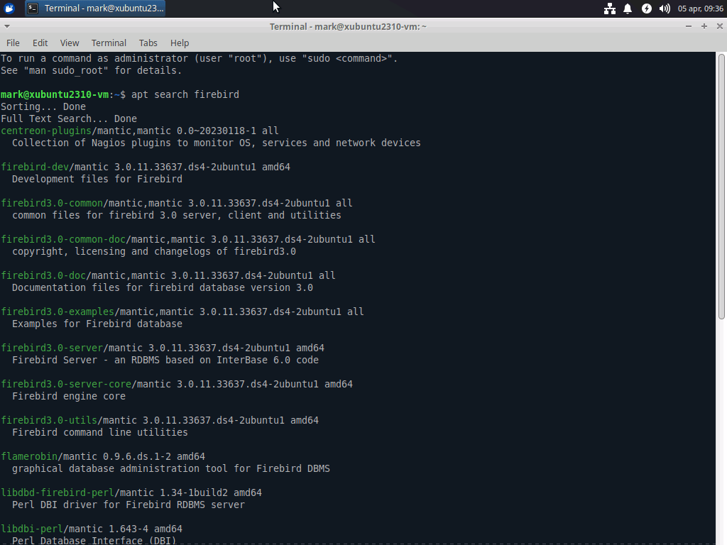 Output of 'apt search firebird'